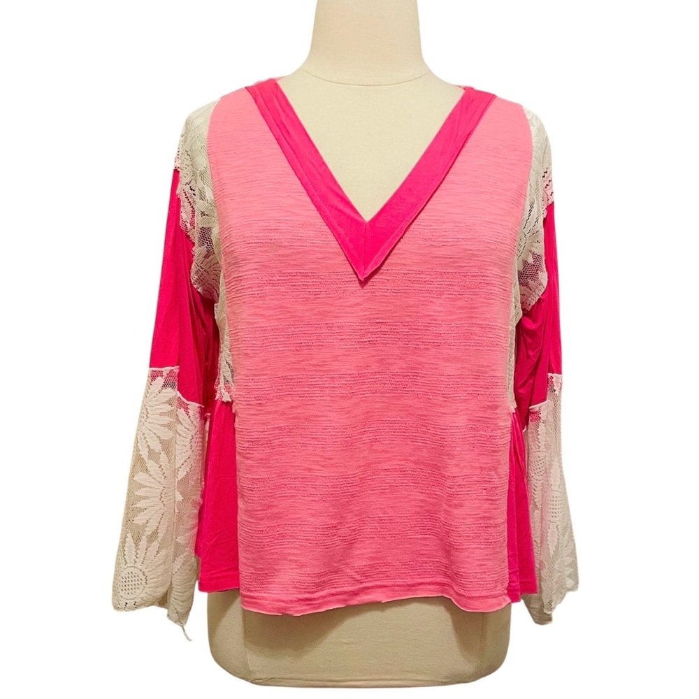 POL Pink & White V-Neck Top with Lace Bell Sleeves L
